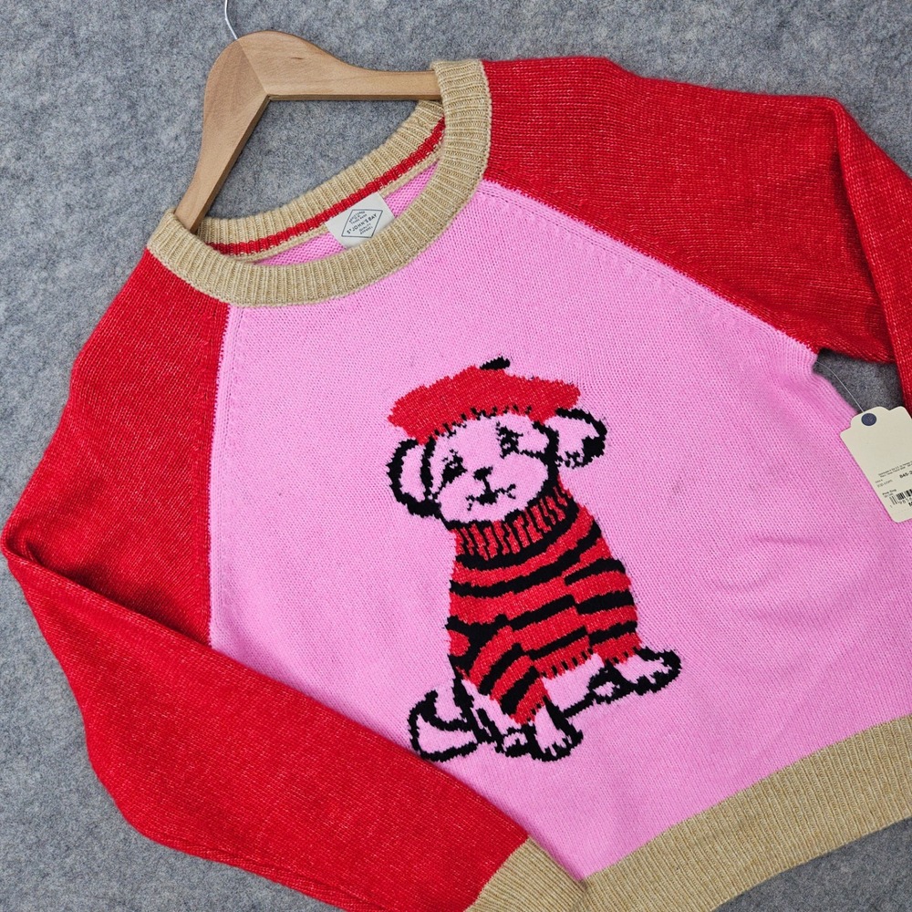 NEW St Johns Bay Dog Graphic Sweater Women's Pink Medium Red Raglan Knit Cute